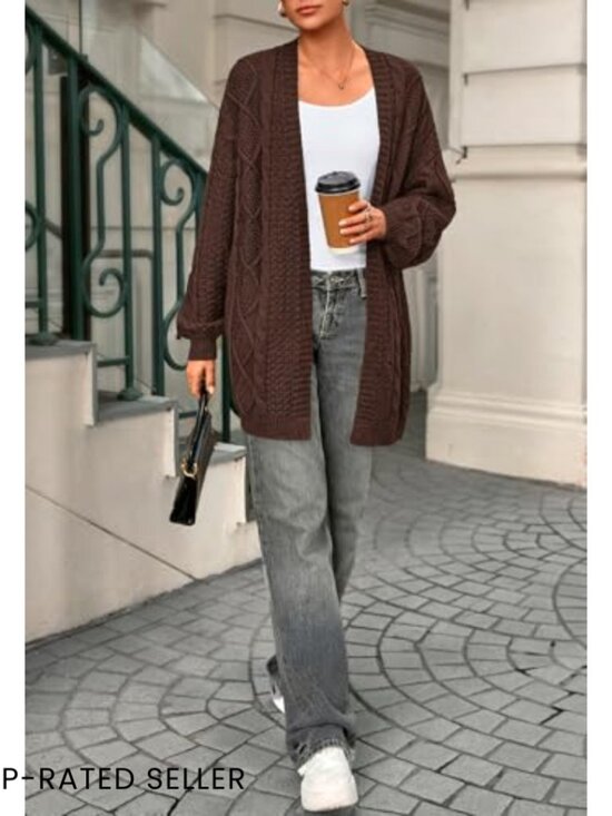 Oversized Cable Knit Cardigan Chunky Lantern Sleeve Open Front Sweater Cozy - Picture 6 of 7